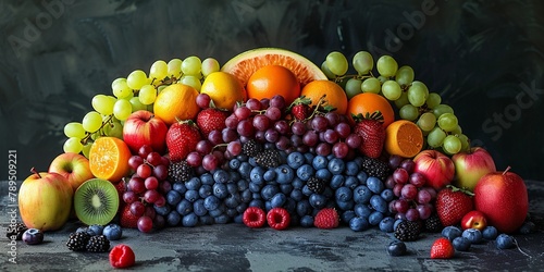 A vibrant assortment of fruits in a shape of rainbow healthy food concept