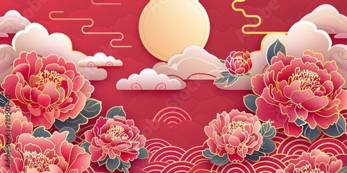 Red background with white clouds and a golden sun and it shows pink peonies.