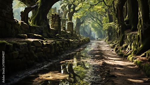 Old stone pathway under a canopy of trees with hanging moss  evoking a sense of mystery and nature s quiet beauty