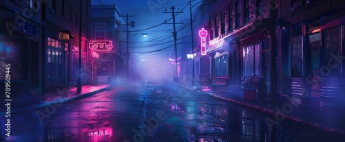 A little town street at night with damp roads, neon lights in the windows, and a hazy environment photo
