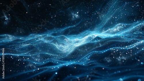 Picture an endless depth of space, where digital waves form a cosmic web. Star-like nodes connect the waves, showcasing the interconnectedness of the universe and digital networks.