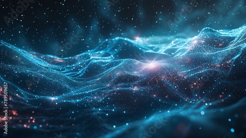 Picture an endless depth of space, where digital waves form a cosmic web. Star-like nodes connect the waves, showcasing the interconnectedness of the universe and digital networks.