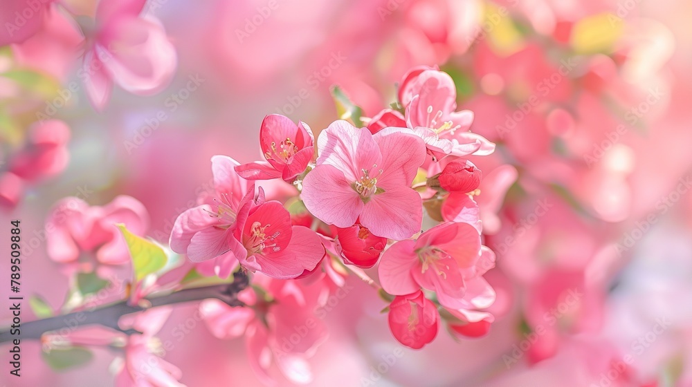 A branch of pink cherry blossoms with a blurry background

