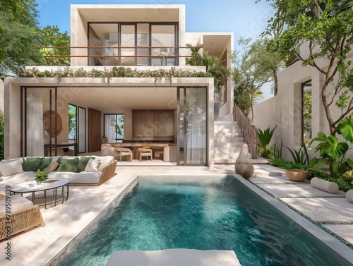 A large house with a pool and a patio. The pool is surrounded by a white stone walkway and the patio is filled with furniture. The house has a modern and elegant design © MaxK