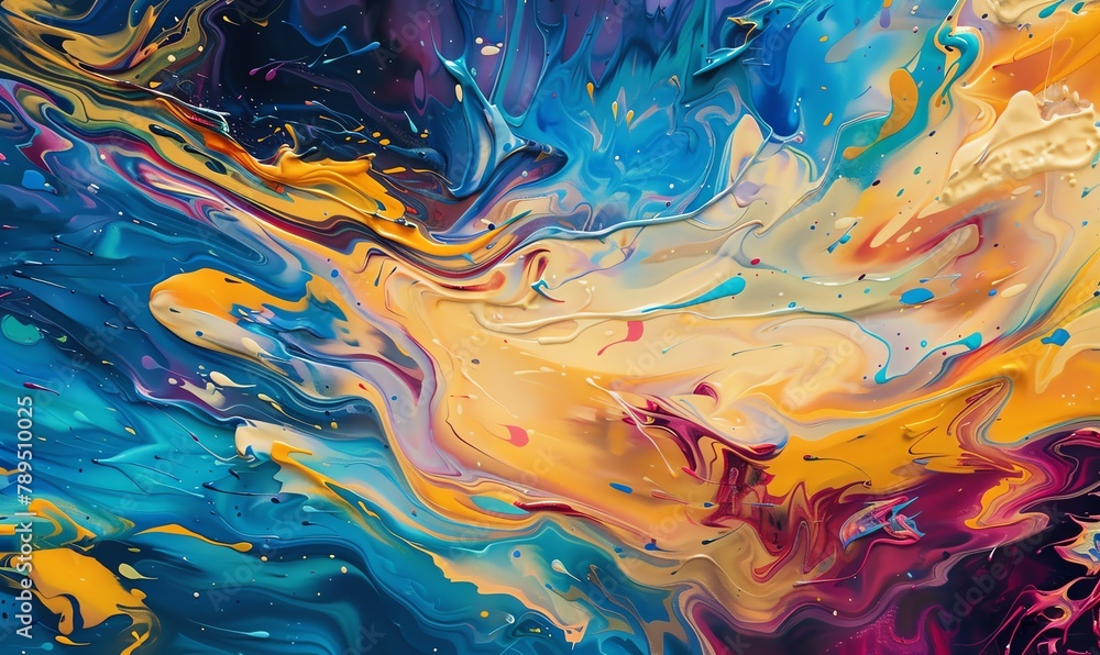Capture the dynamic essence of flowing colors and shapes in an oil painting, focusing on a wide-angle perspective to create depth and movement Intertwine vivid hues with intricate details to depict an