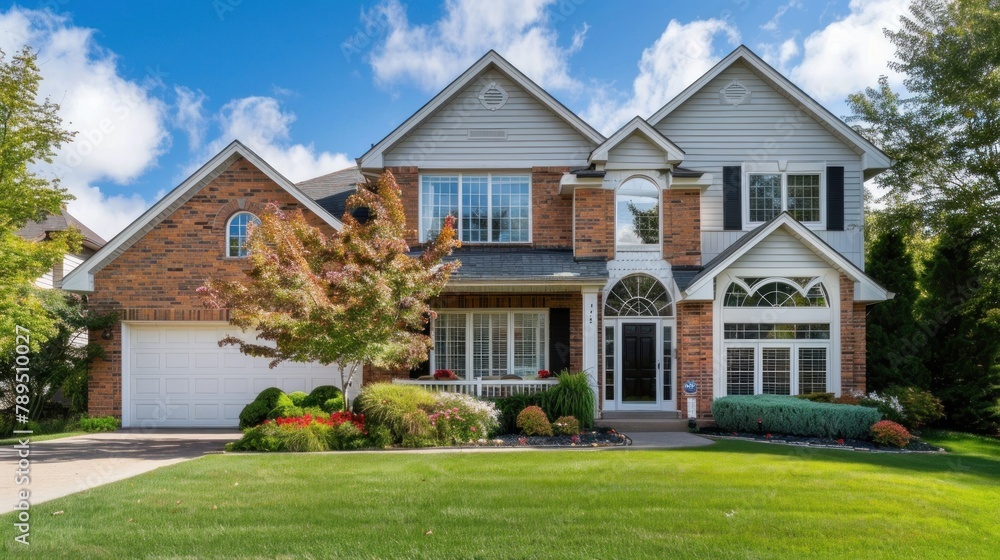 a realtor photo of the front of an upper middle-class suburban home in the suburbs a realtor photo of the front of an upper middle-class suburban home in the suburbs