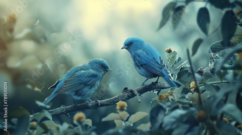 Two blue birds are sitting on a branch with green leaves.