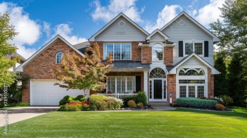 a realtor photo of the front of an upper middle-class suburban home in the suburbs photo