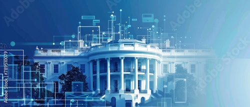 Blue background with holographic elements depicting the White House photo