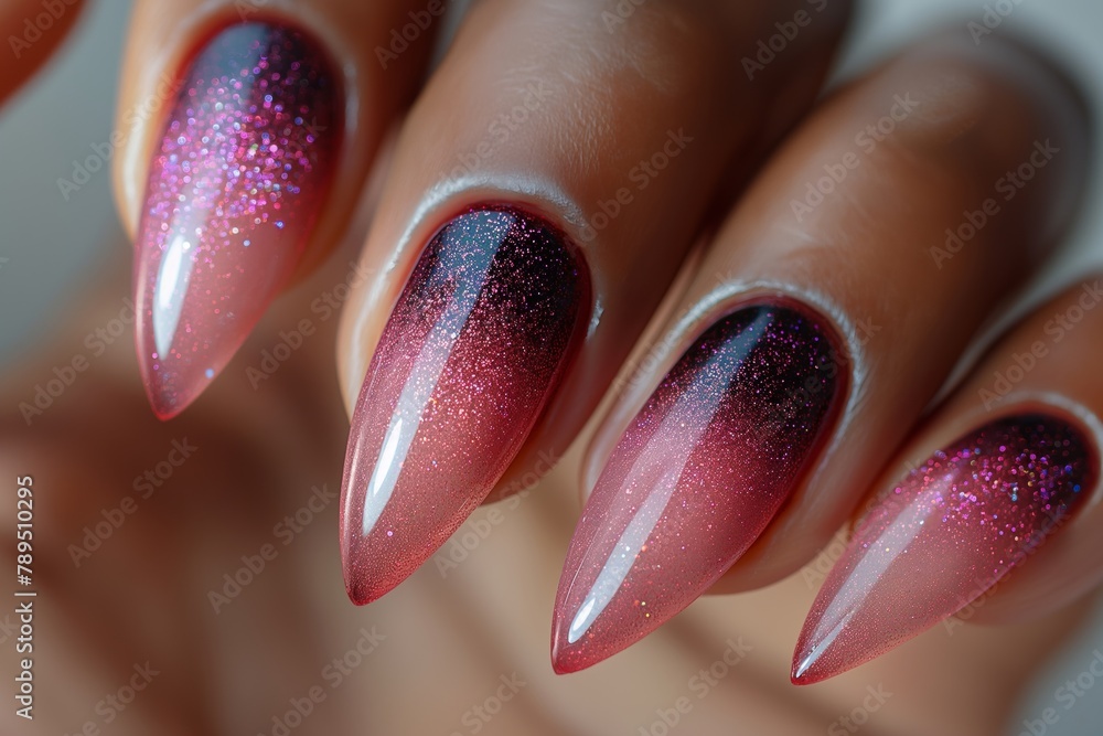 Trendsetting gradient nails with sparkling ombre design, blending from pink to dark glitter - obrazy, fototapety, plakaty 
