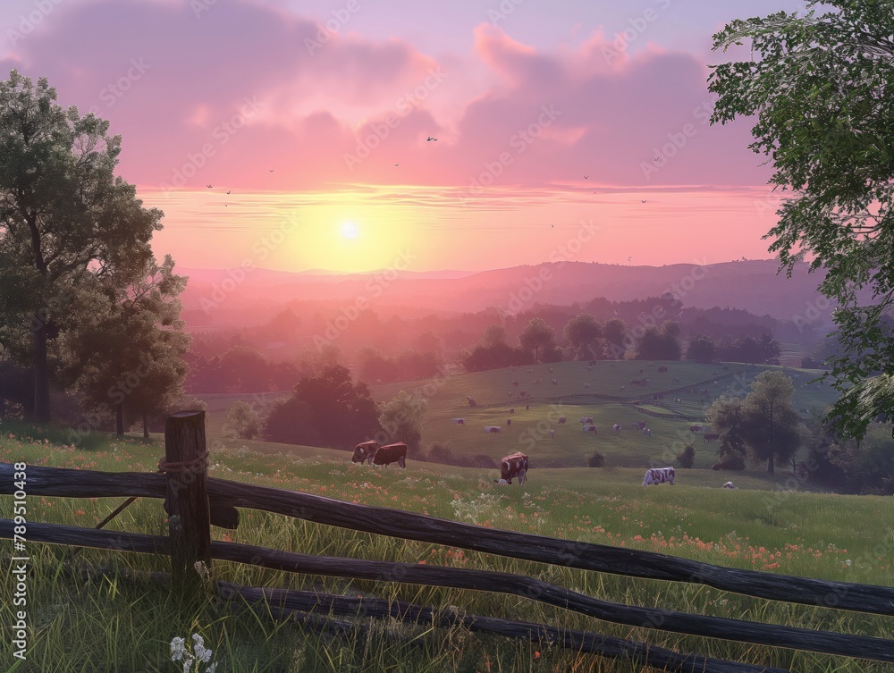 A beautiful sunset over a field with cows grazing. The sky is a mix of pink and orange hues, creating a warm and peaceful atmosphere. The cows are scattered throughout the field