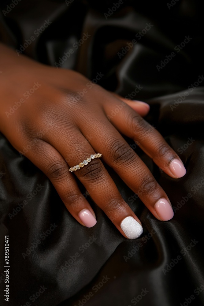 Obraz premium Hand with pink manicure and accent glitter nail, adorned with a diamond ring on satin