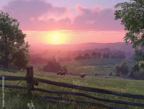 A beautiful sunset over a field with cows grazing. The sky is a mix of pink and orange hues  creating a warm and peaceful atmosphere. The cows are scattered throughout the field