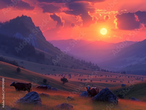 A herd of cows are grazing in a field with a beautiful sunset in the background. The sky is filled with clouds and the sun is setting, creating a warm and peaceful atmosphere