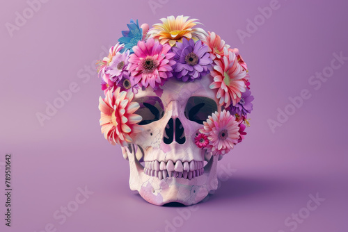 skull with colorful flowers on purple background
