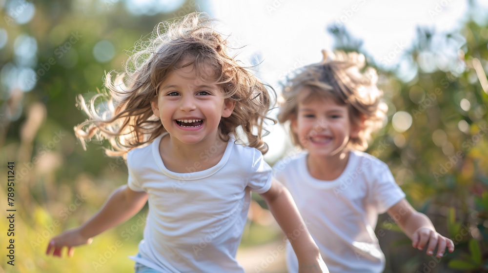 A group of small children in blurred background and one cute little girl smiling and looking at the camera A group of small children in blurred background and one cute little girl smiling and looking at the camera