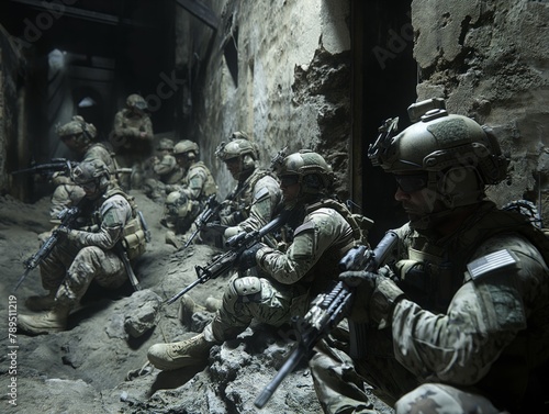A group of soldiers are sitting in a room with a dirt floor. They are all wearing camouflage and holding guns. Scene is tense and serious photo