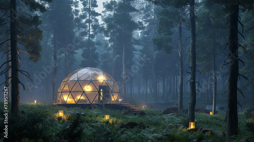 in the forest with a tent and campfire and a glowing light up in the sky