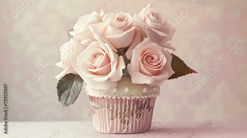 Artistic Cupcake and Rose Illustration with Delicate Rose Bouquet