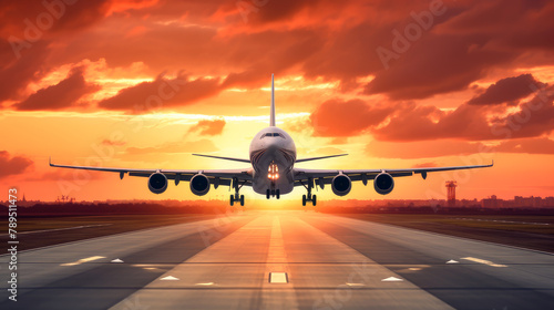 A passenger plane flying in the colorful sky. Aircraft takes off from the airport runway during the sunset. Beautiful landscape, picture, phone screensaver, copy space, advertising, travel agency