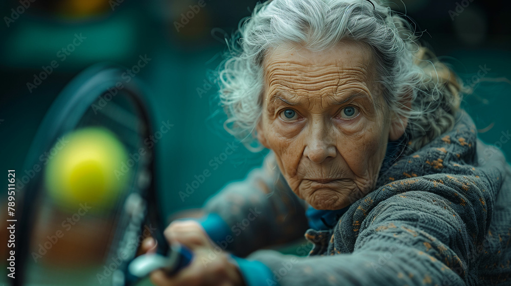Elderly woman holding tennis racquet on tennis court. Generative AI Elderly woman holding tennis racquet on tennis court. Generative AI