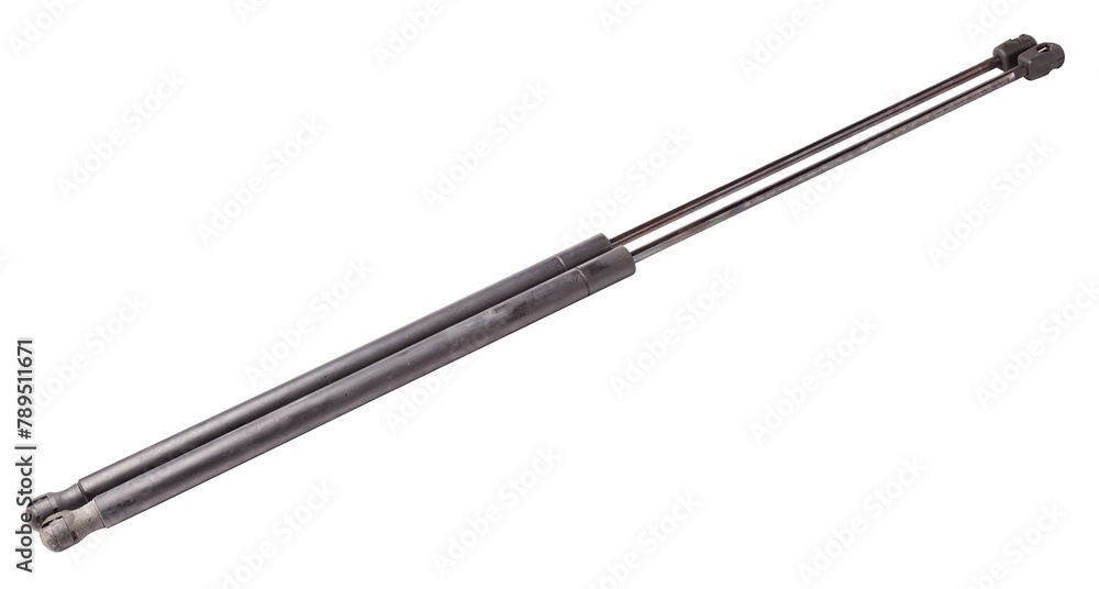 A pair of black metal hood shock absorbers with chrome elements - detail of a car mechanism on a white isolated background. Spare parts for body repair. A pair of black metal hood shock absorbers with chrome elements - detail of a car mechanism on a white isolated background. Spare parts for body repair.