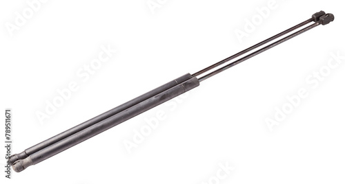 A pair of black metal hood shock absorbers with chrome elements - detail of a car mechanism on a white isolated background. Spare parts for body repair.