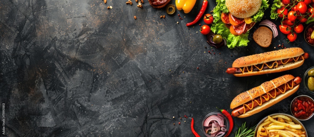 Top view of a dark slate banner background featuring a border of summer BBQ food, including a buffet of hot dogs and hamburgers. Ample space for additional content.