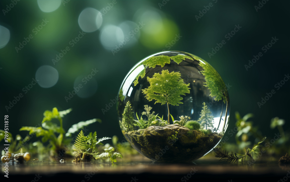 Glass ball with plants inside. Generative AI