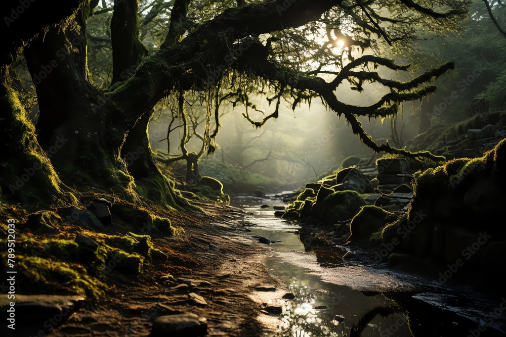 Sunlight piercing through branches covered in hanging moss, creating a dynamic contrast of light and shadow - obrazy, fototapety, plakaty 