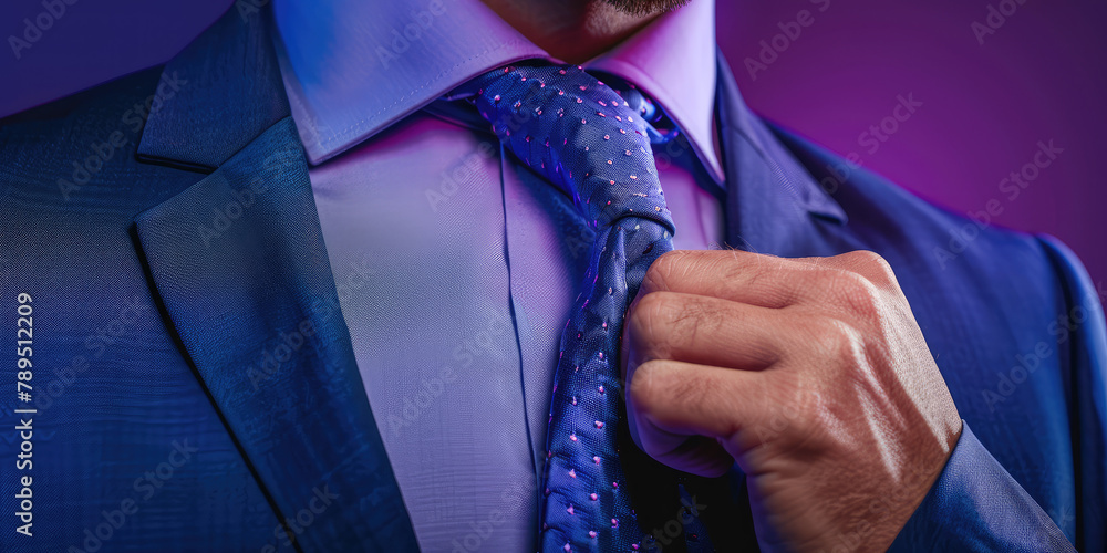 Male hand correcting tie on colored background with copy space. Banner template of men's business clothing store. - obrazy, fototapety, plakaty 