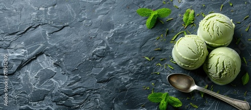 Green tea ice cream with mint leaves and ice cream spoon on a stone slate background. photo