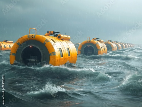 A row of yellow boats are floating in the ocean