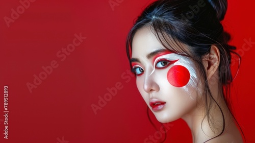 beautiful woman with face painted with Japan flag on red background