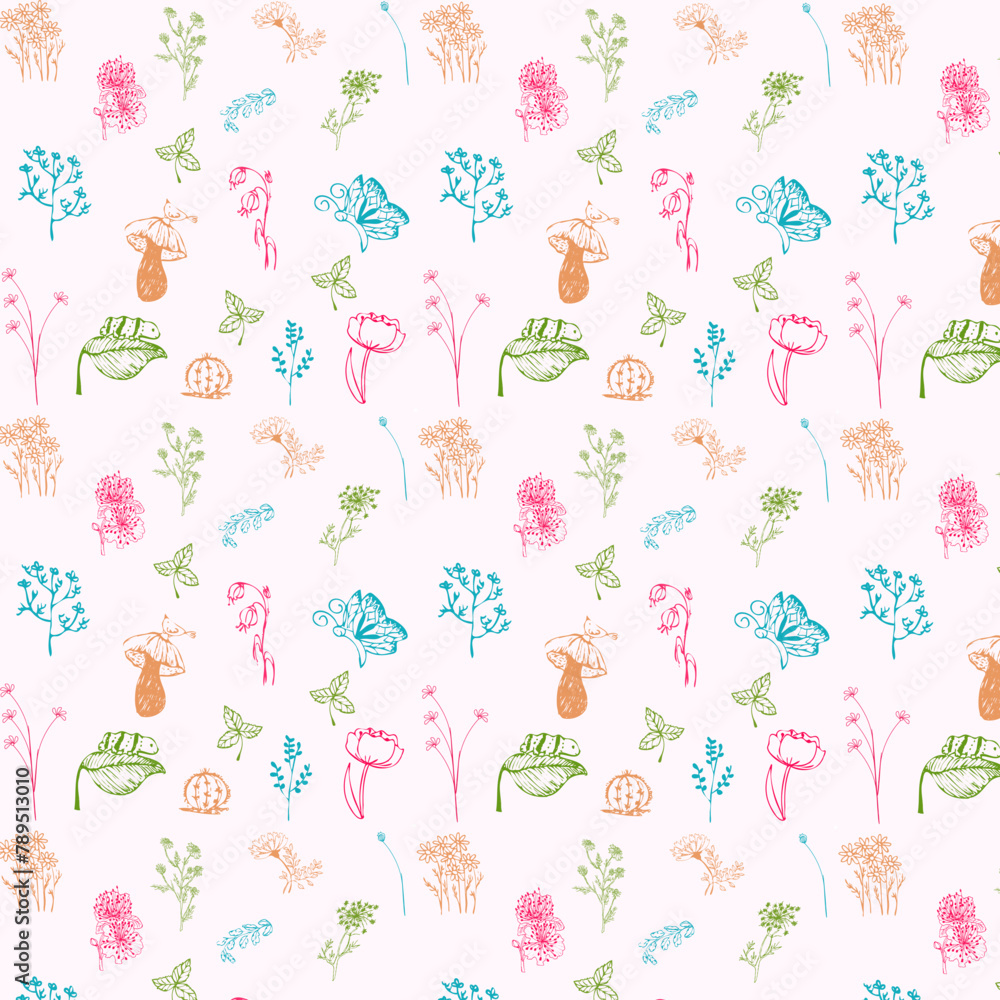 Pattern con delicati elementi della natura su sfondo rosa pastello Pattern con delicati elementi della natura su sfondo rosa pastello