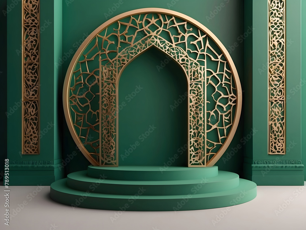 3D illustration of Islamic-themed product display background in minimal green design. Mosque portal frame with podium and space design.