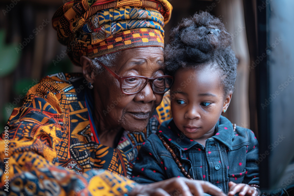 Grandmother and her african granddaughter looking at a computer smiling