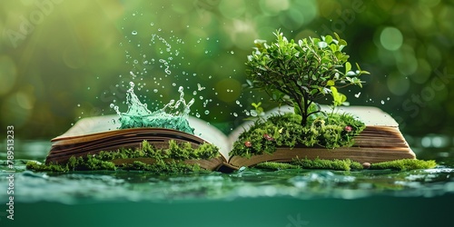 An open magic book terrain . Fantasy, nature or learning concept