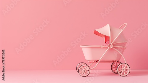 vintage toy baby stroller on a pink background photo