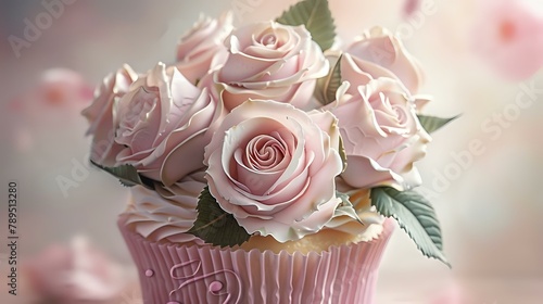 Intricately Designed Cupcake Topped with Soft Pink Roses