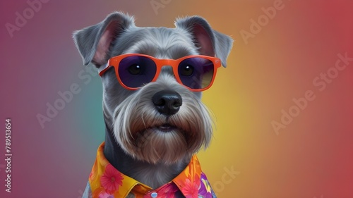 Illustration of a cute gray fluffy dog schnauzer wearing sunglasses and a colorful shirt on a light gradient background. Generative AI