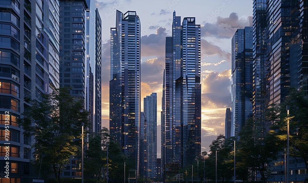 Capture the grandeur of towering skyscrapers at dusk in a photorealistic digital rendering, showcasing intricate architectural details under a twilight sky