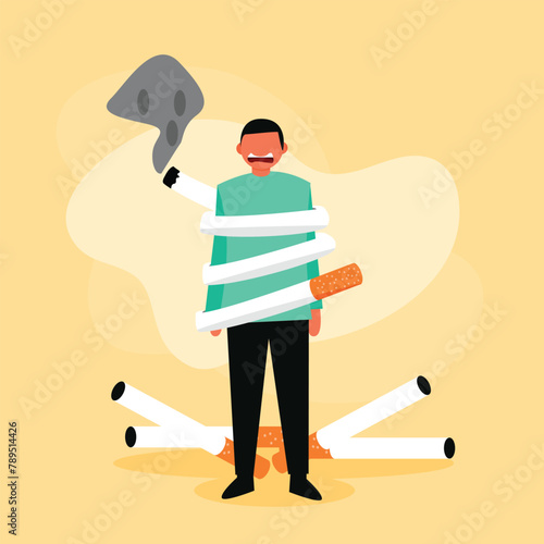 vector illustration of a man who is addicted to cigarettes, suitable for content on the dangers of smoking and world no tobacco day