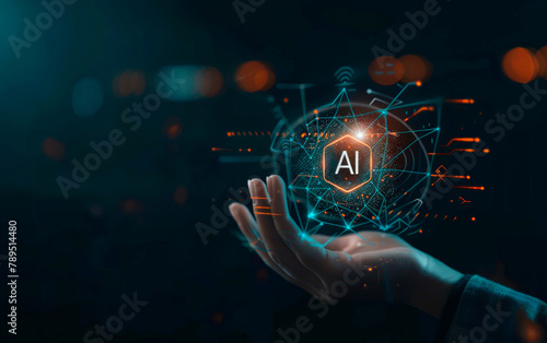 Hand Presenting Advanced Artificial Intelligence Concept With Glowing Icons in Dark Setting