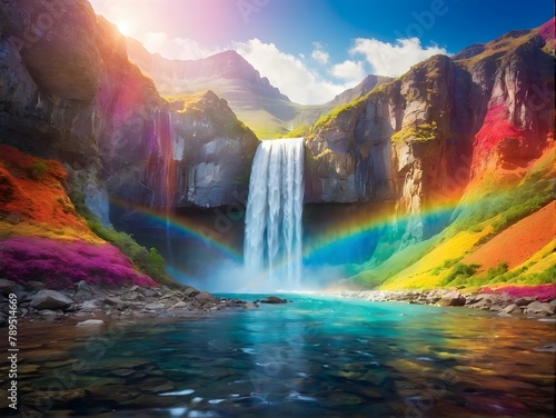 Waterfall cascades as rainbow decorates sky  flowers bloom in foreground
