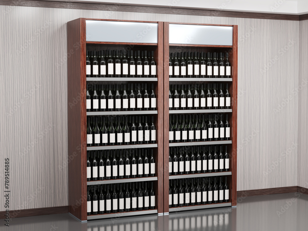 Wooden lighted wine cabinet with wine bottles with blank labels. 3d illustration