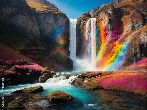 Waterfall cascades as rainbow decorates sky, flowers bloom in foreground