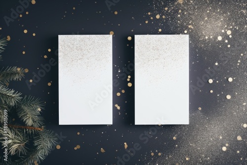 Blank Holiday Greeting Cards with Pine Decoration on Wooden Background