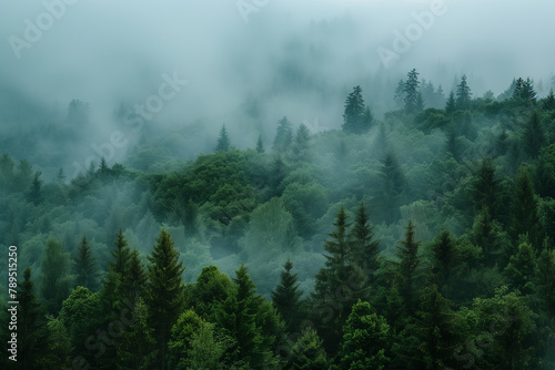 Enshrouded forest in thick mist