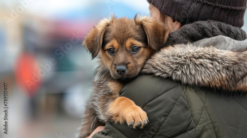 A man saves a poor abandoned puppy. Sad homeless dog wants to find a home. Animal shelter concept. Help unfortunate creatures. Volunteering. A volunteer person picked up the dog on the street.